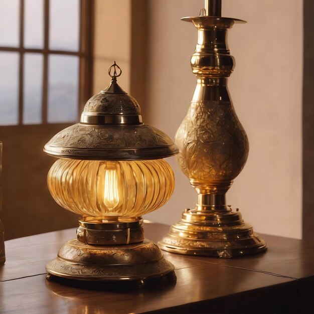 A golden ramadhan lamp on table