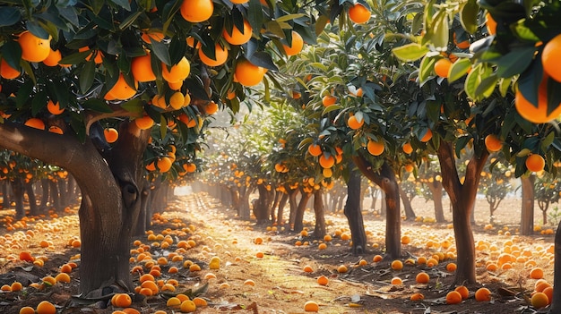 Фото Золотые лучи освещают апельсиновые деревья
