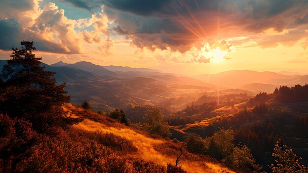 Golden rays over rolling hills at sunset