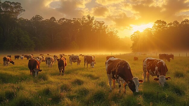 The golden rays of sunrise filter through trees casting a hazy glow over a herd of cows