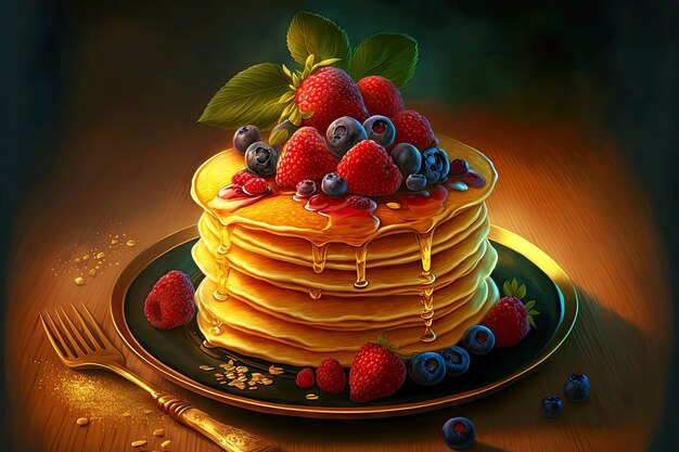 Golden readytoeat pancakes with fruit with fresh berries