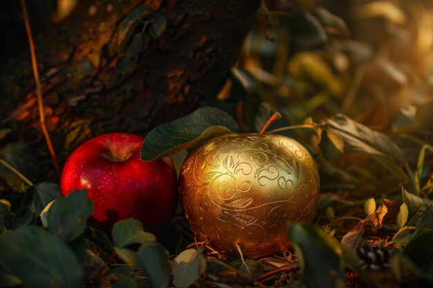 Golden and Red Apples Resting in Sunlit Garden