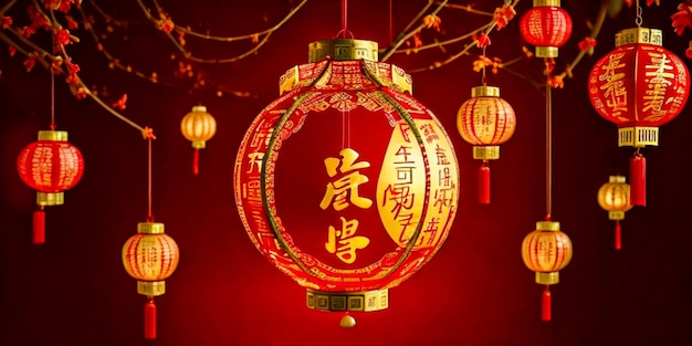 golden and red happy Chinese new year text in hanging ornament with lanterns and paper cut