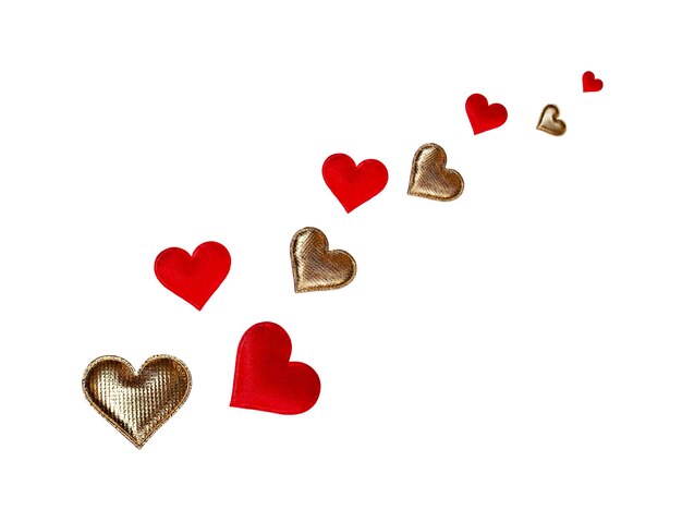 golden and red hearts isolated on white background