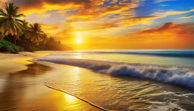 写真 金色 の 反射  ⁇ やかな 熱帯 ビーチ の 海景 は オレンジ の 日没 の 光 に 輝い て い ます