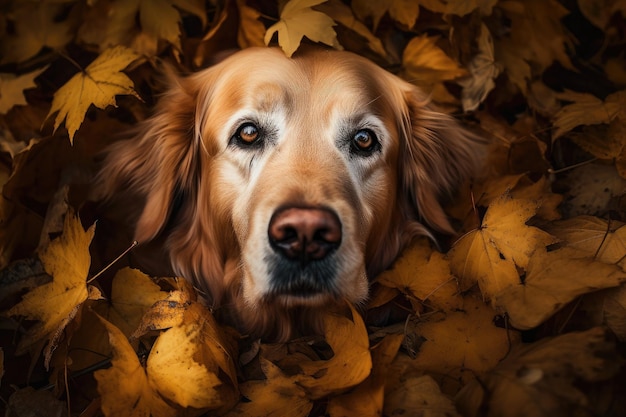 Golden retriever in the autumn leaves Autumn concept family petfriend concept