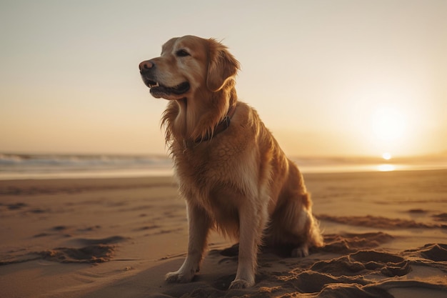 Golden retriever on the beach at sunset