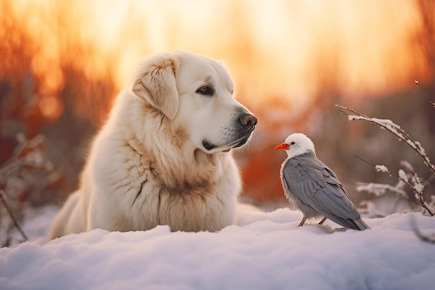 A golden retriever and a bird sit in the snow