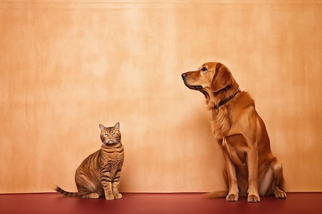 A Golden Retriever and a cat on a brown background