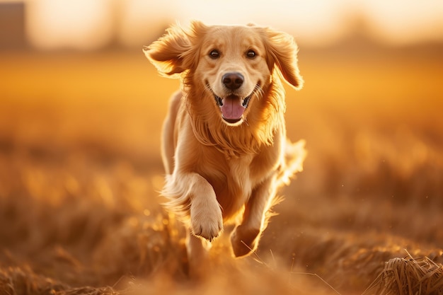 Golden Retriever die op een zomerdag in het tarweveld loopt Een Golden Restriever hond loopt energiek in een veld met een wazige achtergrond AI gegenereerd