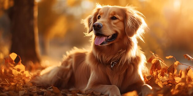 Golden Retriever dog in autumn park Golden Retriever in sunny day