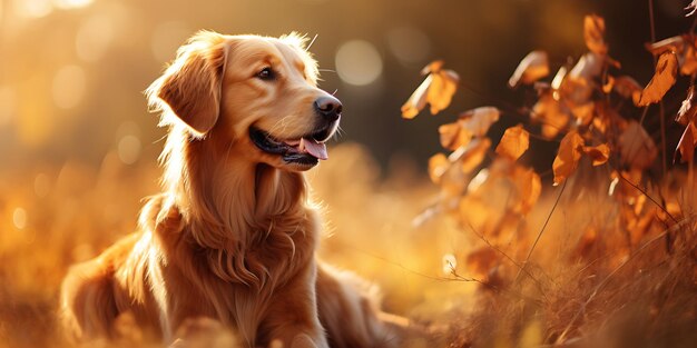 Golden Retriever dog in autumn park Golden Retriever in sunny day