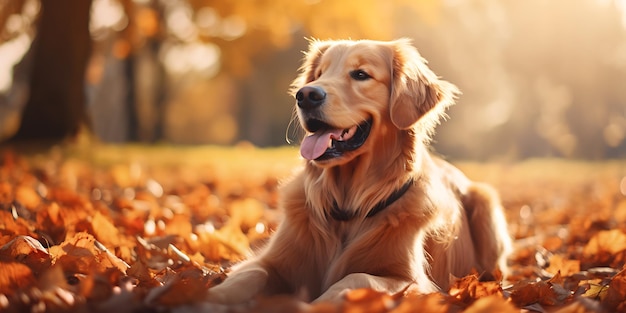 Golden Retriever dog in autumn park Golden Retriever in sunny day