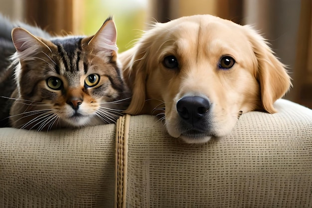 Golden retriever dog next to a cat on a cozy pillow Created with generative Ai technology