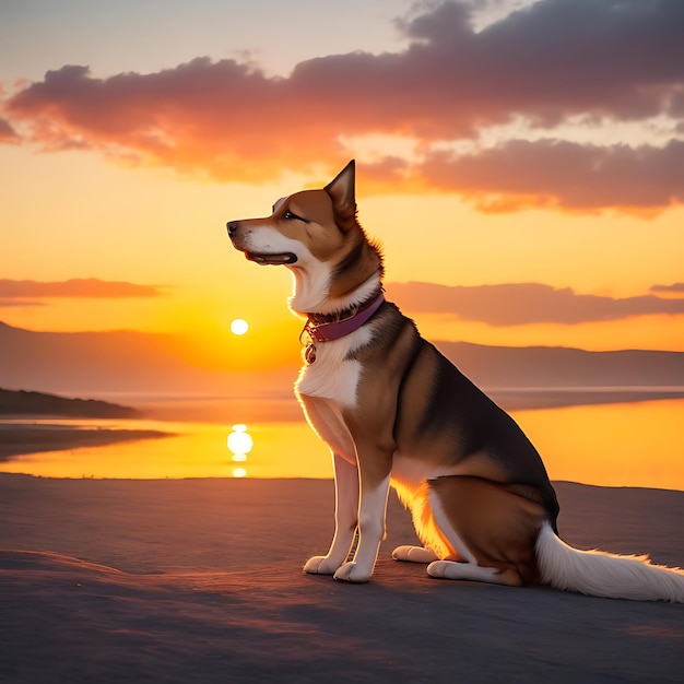 Golden Retriever dog enjoying outdoors at a large grass field at sunset ai Generated