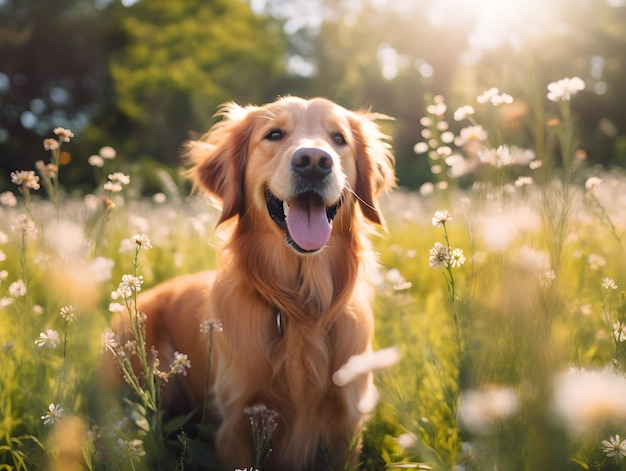 A golden retriever dog in a field of flowers