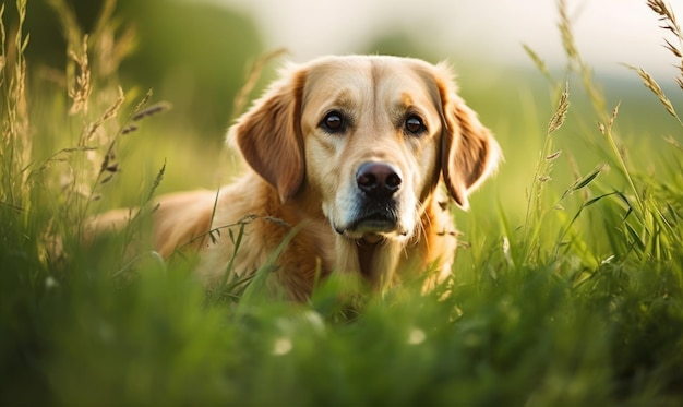 A golden retriever dog in a field