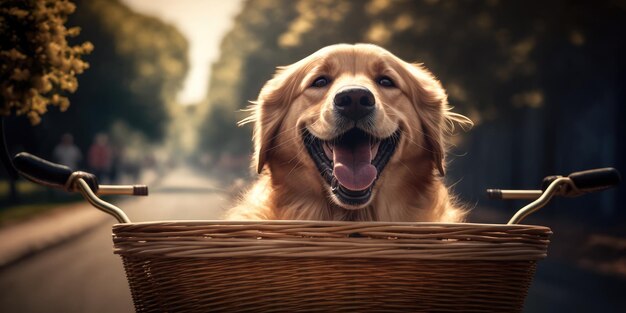 Golden Retriever dog have fun bicycle ride on sunshine day morning in summer on town street