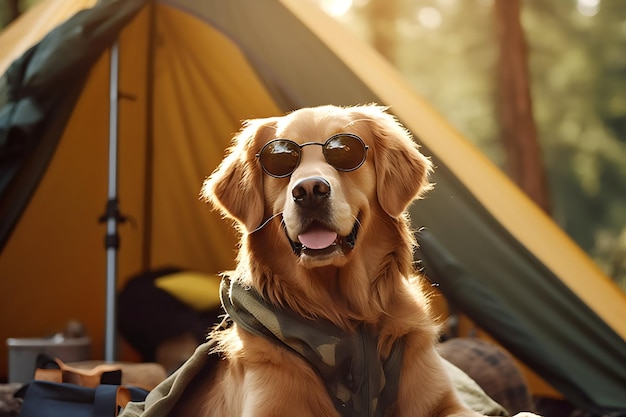 ゴールデンレトリバー犬がテントの前でサングラスをかけて森の中でキャンプをしている