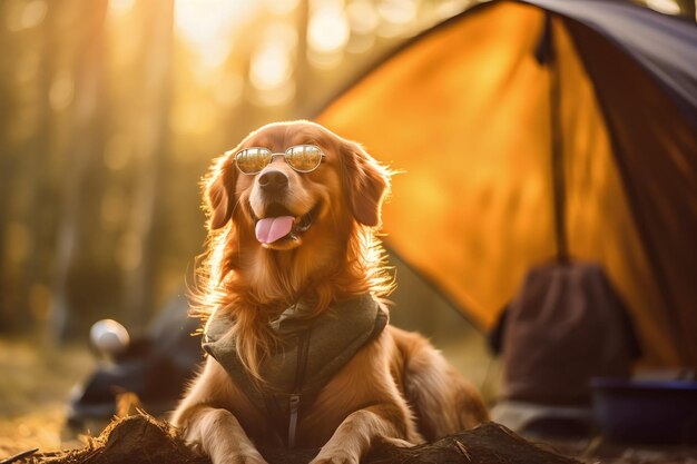 ゴールデンレトリバー犬がテントの前でサングラスをかけて森の中でキャンプをしている