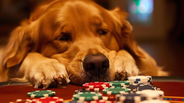 A golden retriever dog is lying on a poker table with a sad look on its face