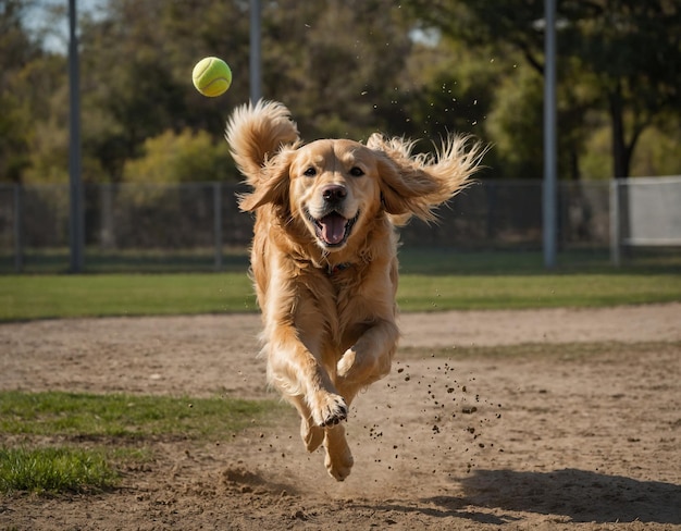 a golden retriever dog is running in the dirt with a ball in his mouth