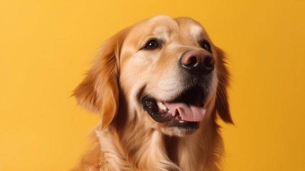 A golden retriever dog is sitting in front of a yellow background.