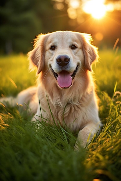 a golden retriever dog is sitting in the grass with the sun behind him