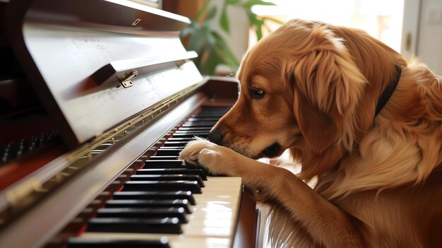 Photo a golden retriever dog is sitting at a piano and playing the keys with its paw while looking at the keys