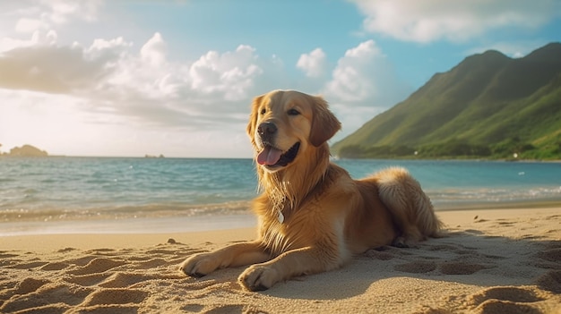골든 리트리버 개는 해변 휴양지에서 여름 휴가를 보내고 편안한 휴식을 취하고 있습니다. Generative Ai