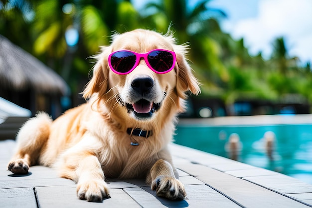 Photo golden retriever dog is on summer vacation at seaside resort and rests relaxing