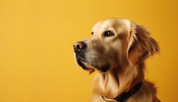 白と黄色の背景に孤立したゴールデン・レトリバー犬のクローズアップ肖像画
