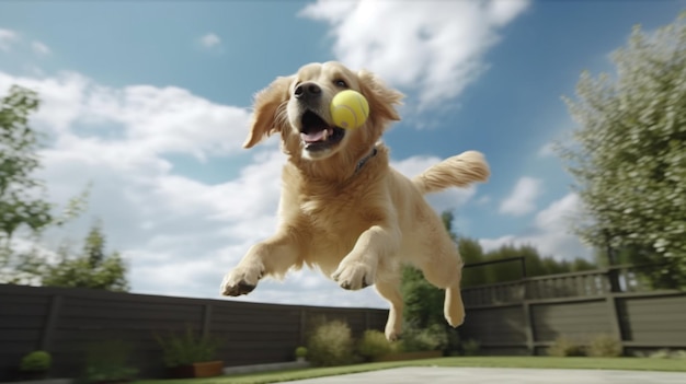 Photo golden retriever dog jumping happily in the air catchgenerative ai