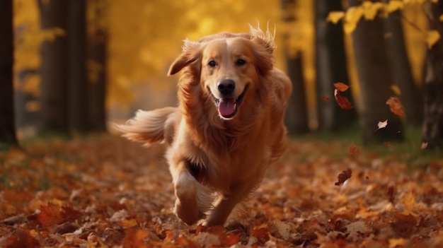 紅葉を飛び越えるゴールデンレトリバー犬