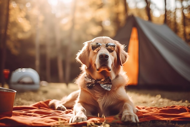 Golden Retriever Dog kampeert in het bos met zonnebril op voor de tent