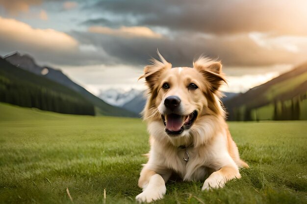 A golden retriever dog laying in a field with mountains in the background