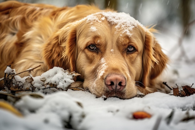 A golden retriever dog laying in the snow with snow on the ground