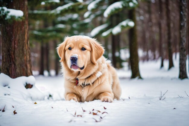 A golden retriever dog laying in the snow