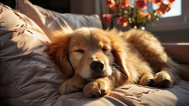 Golden retriever dog lies resting sleeps