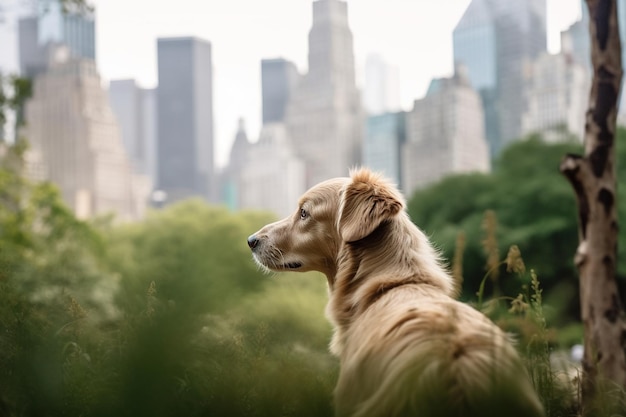 A golden retriever dog looks out over a city skyline.