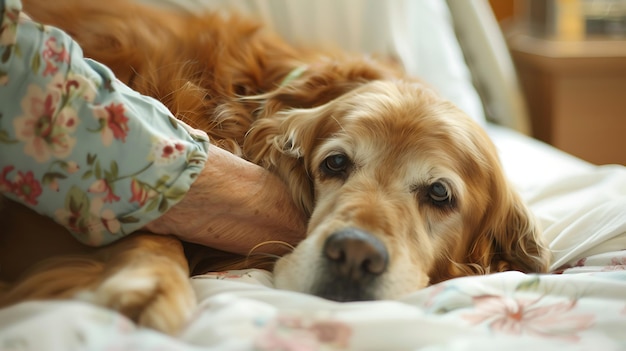 Photo a golden retriever dog lying on a bed with a womans hand resting on its head