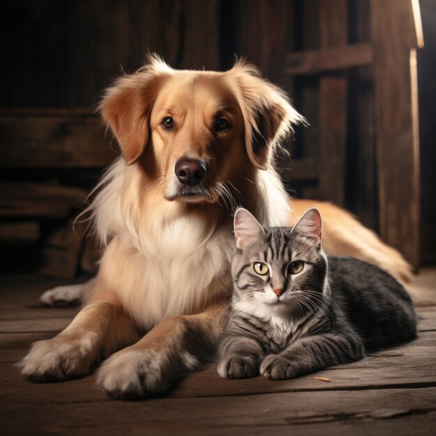 Foto un cane golden retriever sdraiato sul pavimento accanto a un gatto carino