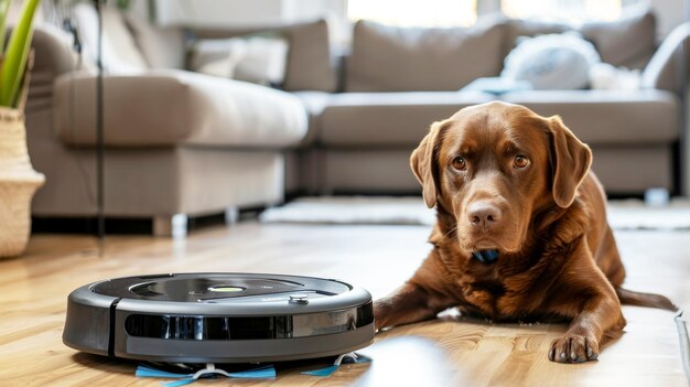 Foto il cane golden retriever giace sul pavimento mentre l'aspirapolvere robot lavora sullo sfondo del soggiorno