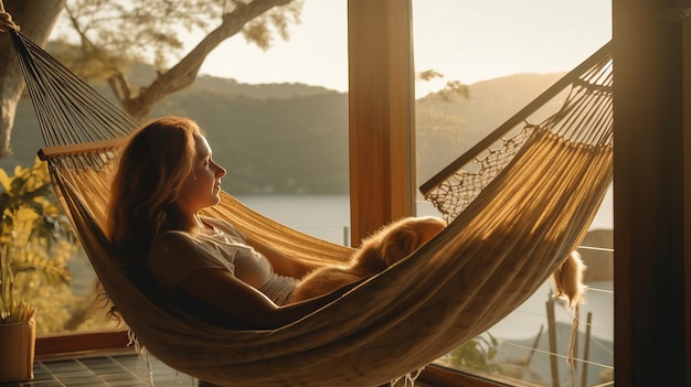 Golden retriever dog resting in a hammock