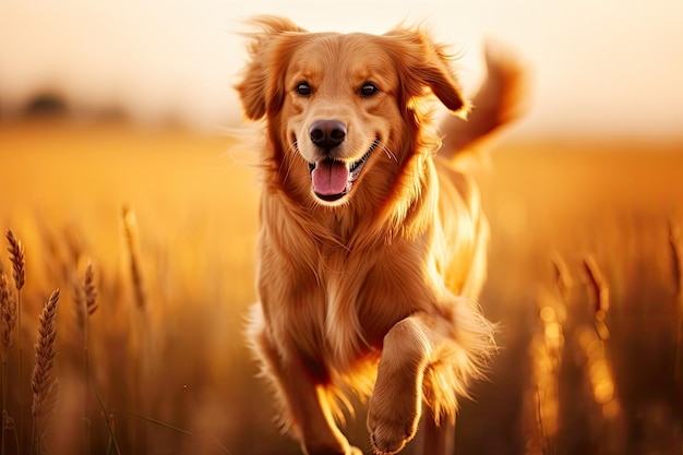 Golden Retriever dog running in the field at sunset Portrait Golden Retriever dog running in the field with blurred background AI Generated