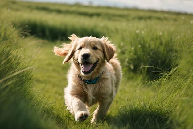 a golden retriever dog running in a field with a tag