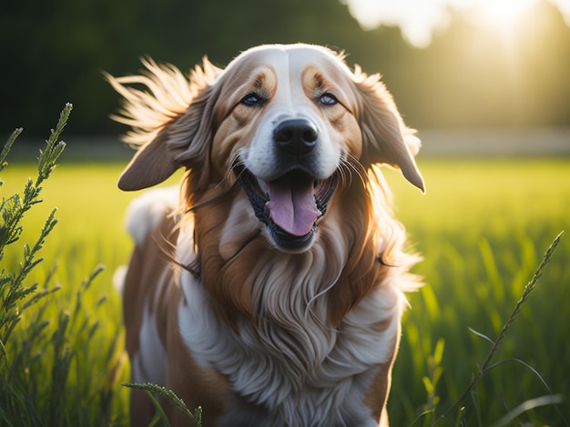 Golden retriever dog running on the grass