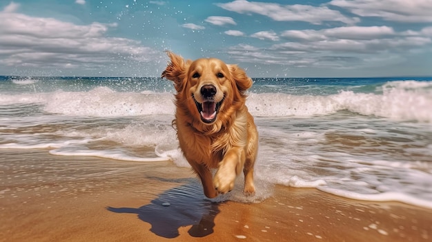 A golden retriever dog runs on the beach