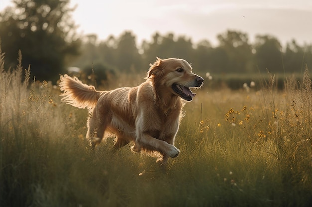 A golden retriever dog runs through a field of flowers.