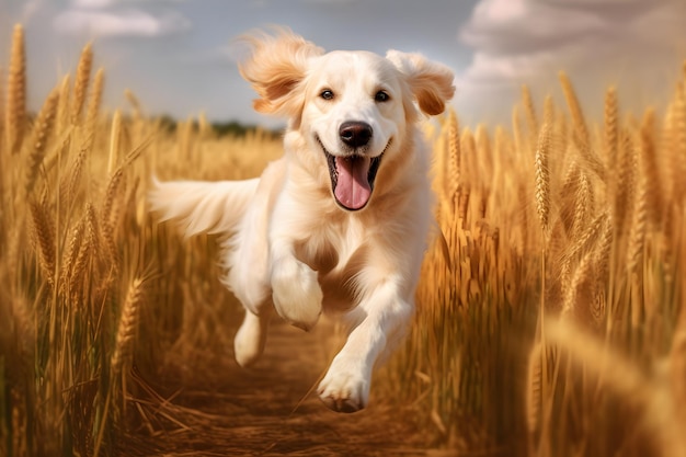 A golden retriever dog runs through a wheat field.